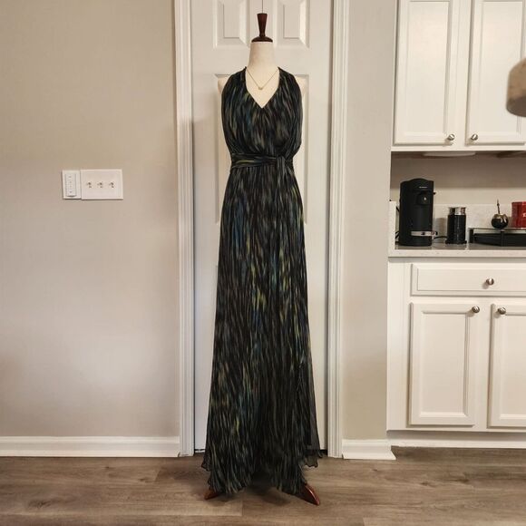 HALSTON HERITAGE | Waterfall Silk Chiffon Halter Dress Size 4 Emerald Green Boho - Picture 3 of 16